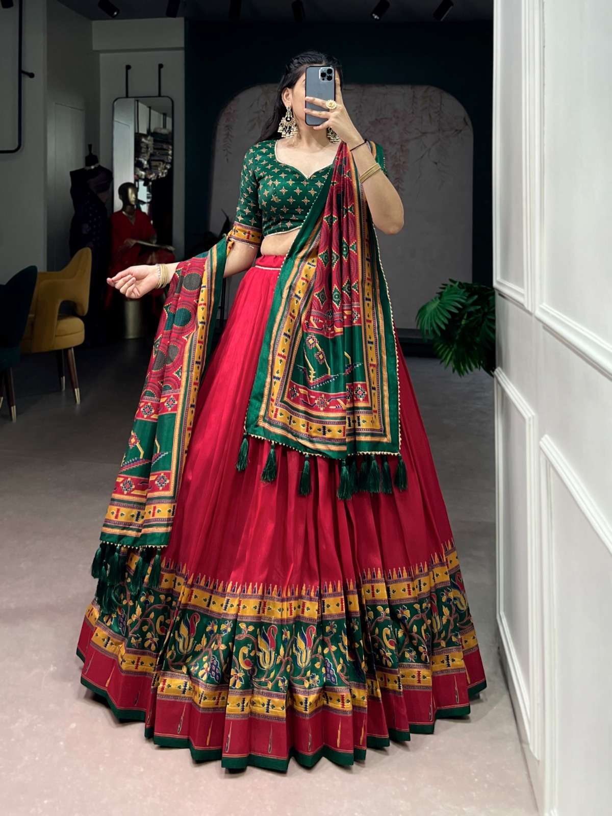 MOST TREANDING LEHENGA TASAR SILK PRINTED WITH ICONIC SPARKLE