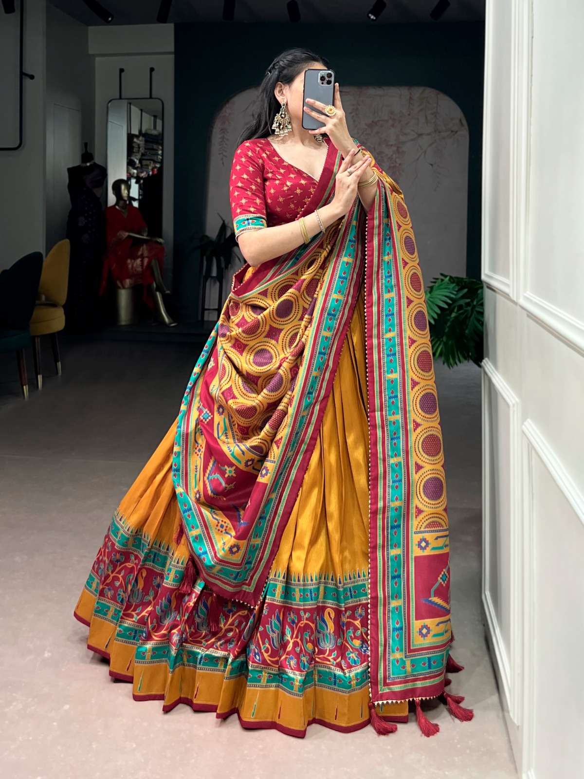 MOST TREANDING LEHENGA TASAR SILK PRINTED WITH ICONIC SPARKLE