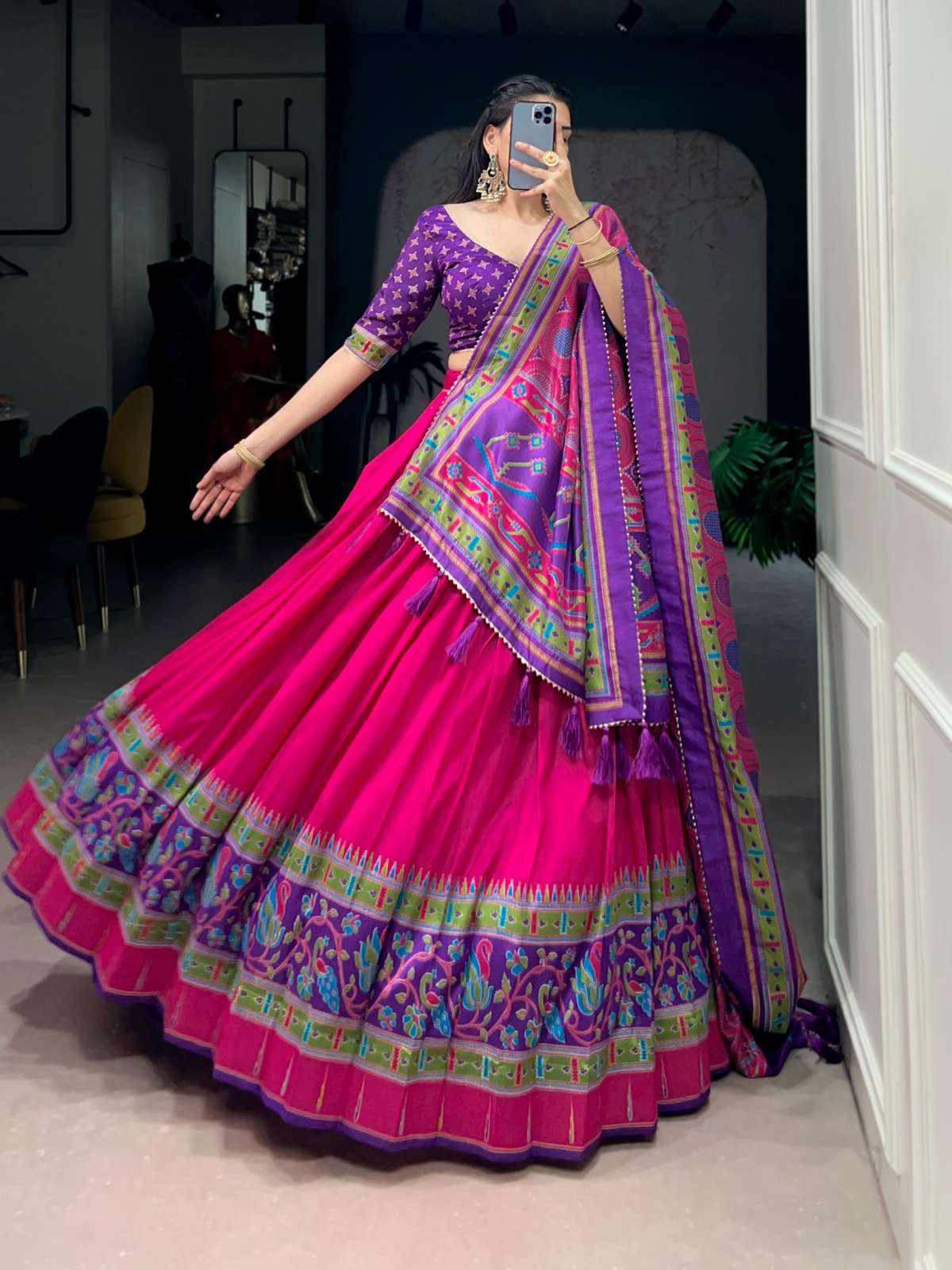MOST TREANDING LEHENGA TASAR SILK PRINTED WITH ICONIC SPARKLE
