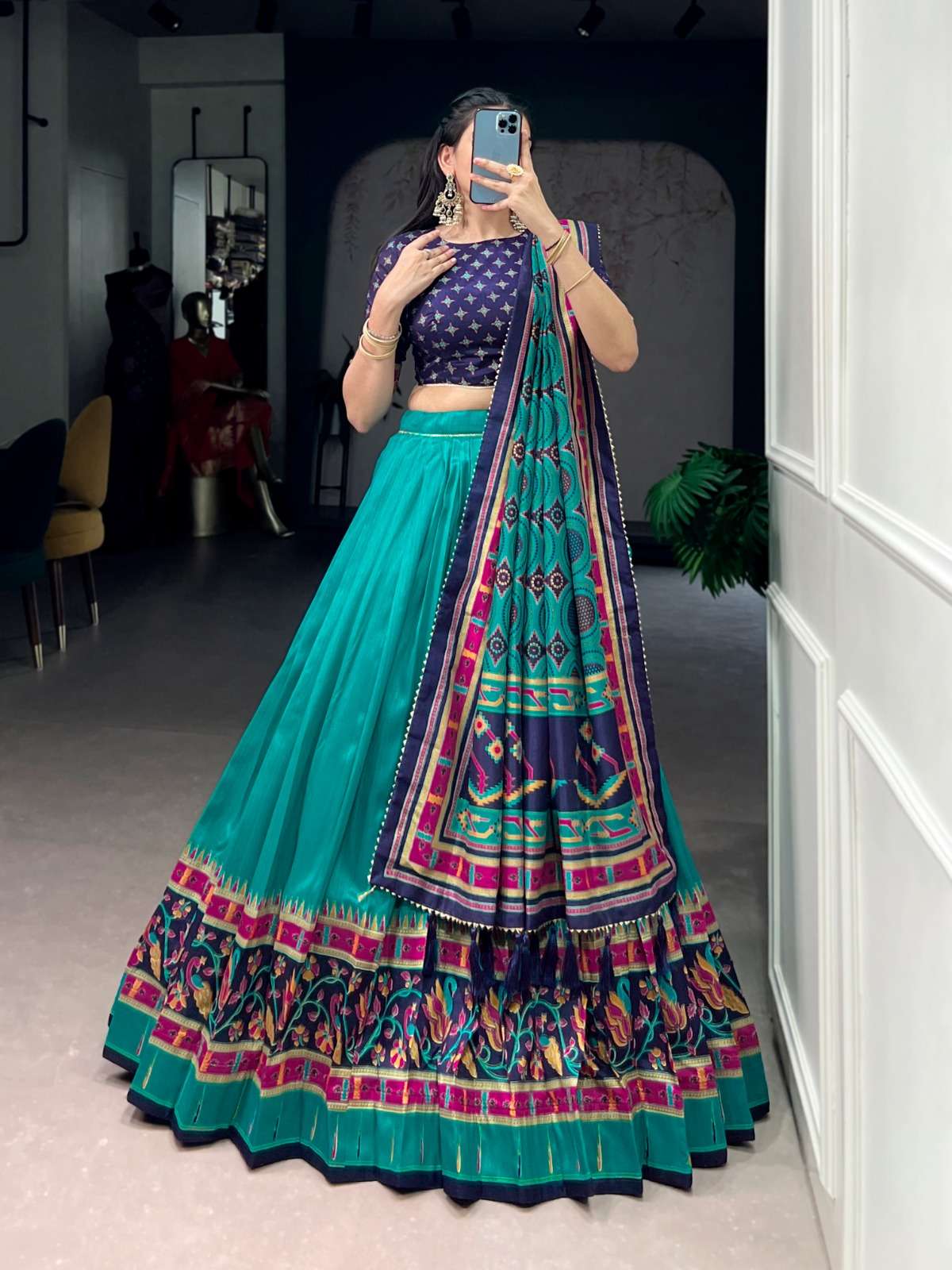 MOST TREANDING LEHENGA TASAR SILK PRINTED WITH ICONIC SPARKLE