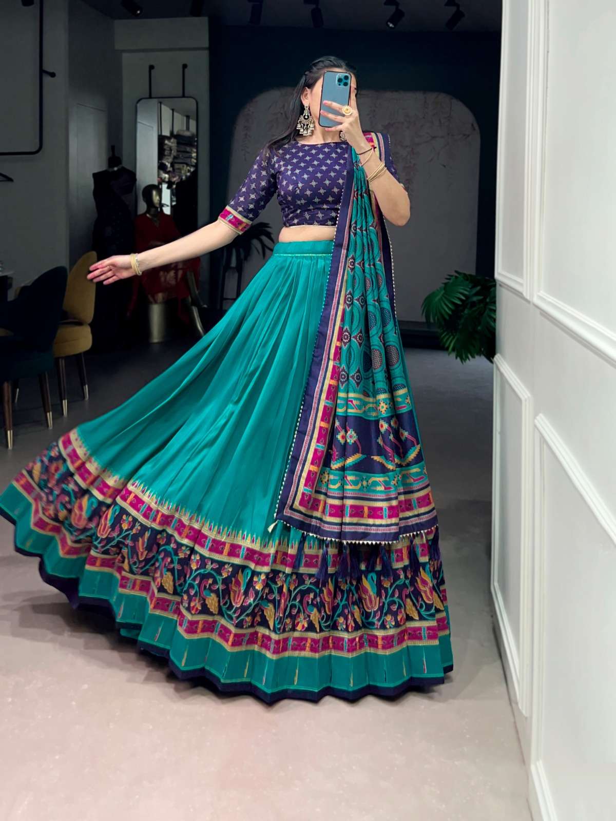 MOST TREANDING LEHENGA TASAR SILK PRINTED WITH ICONIC SPARKLE