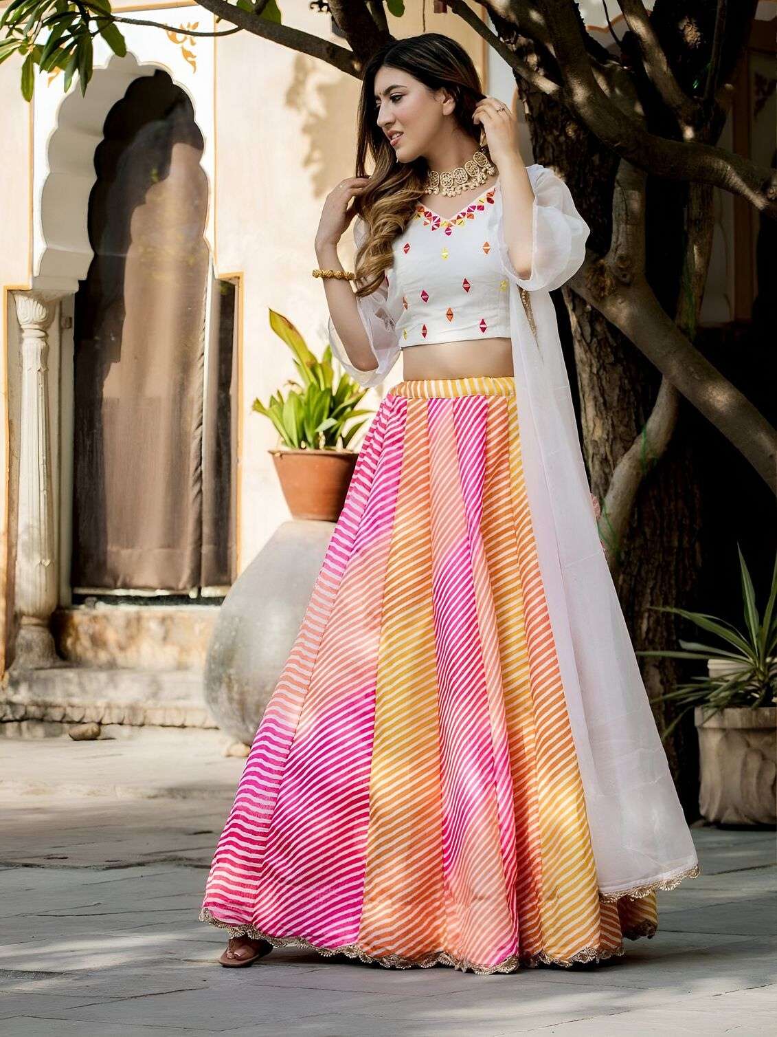  MOST TREANDING MULTICOLOUR LEHERIYA PRINTED LEHENGA CHOLI WITH WHITE DUPATTA 