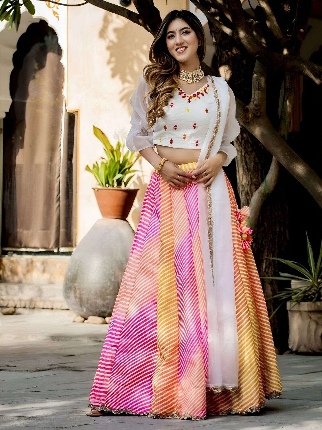  MOST TREANDING MULTICOLOUR LEHERIYA PRINTED LEHENGA CHOLI WITH WHITE DUPATTA 