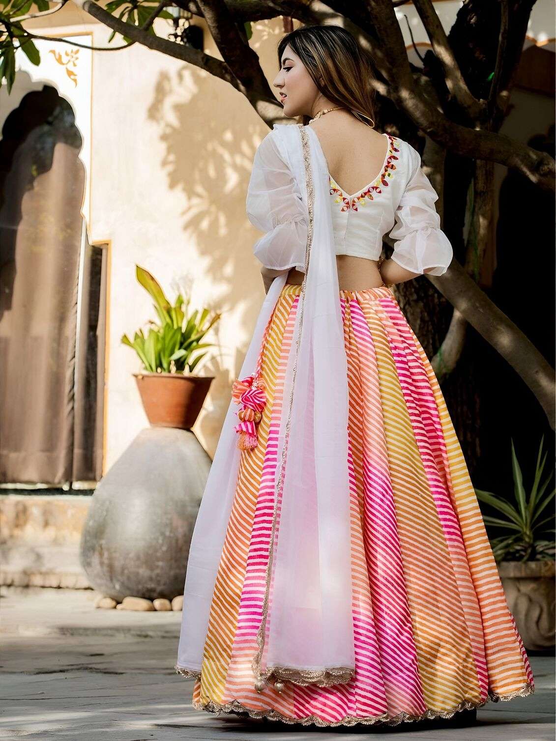  MOST TREANDING MULTICOLOUR LEHERIYA PRINTED LEHENGA CHOLI WITH WHITE DUPATTA 