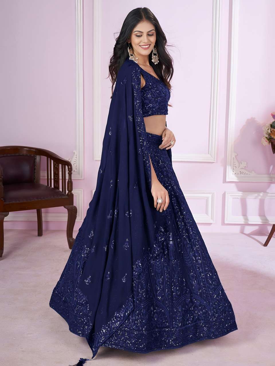 NAVY BLUE SEQUENCE EMBROIDERY DESIGNER LEHENGA CHOLI 