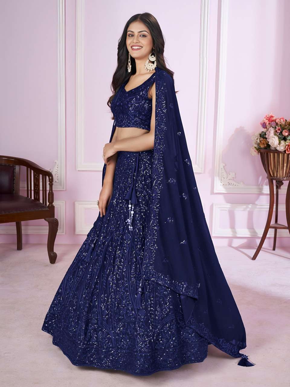 NAVY BLUE SEQUENCE EMBROIDERY DESIGNER LEHENGA CHOLI 