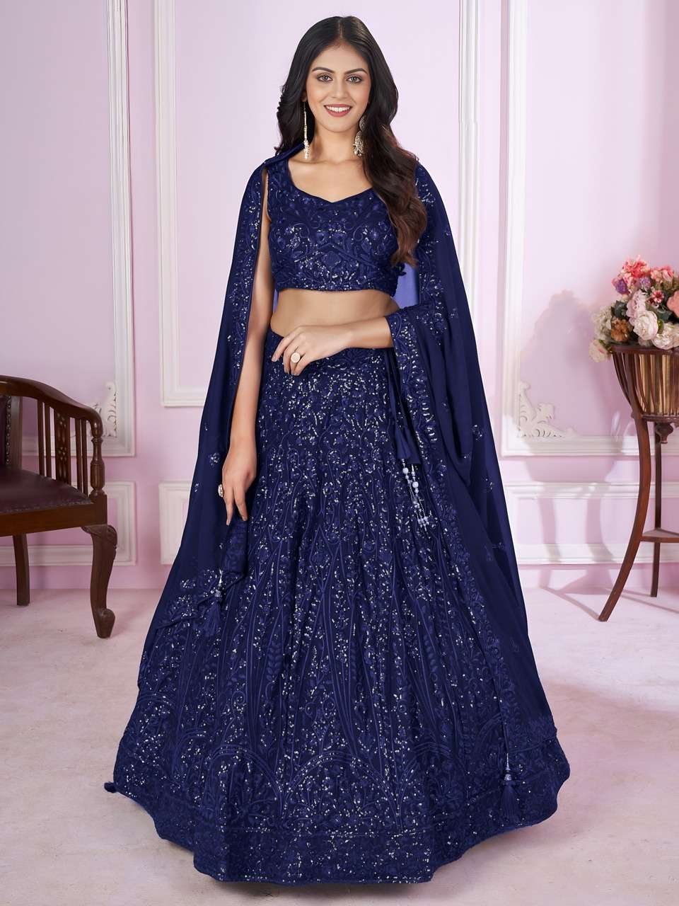 NAVY BLUE SEQUENCE EMBROIDERY DESIGNER LEHENGA CHOLI 