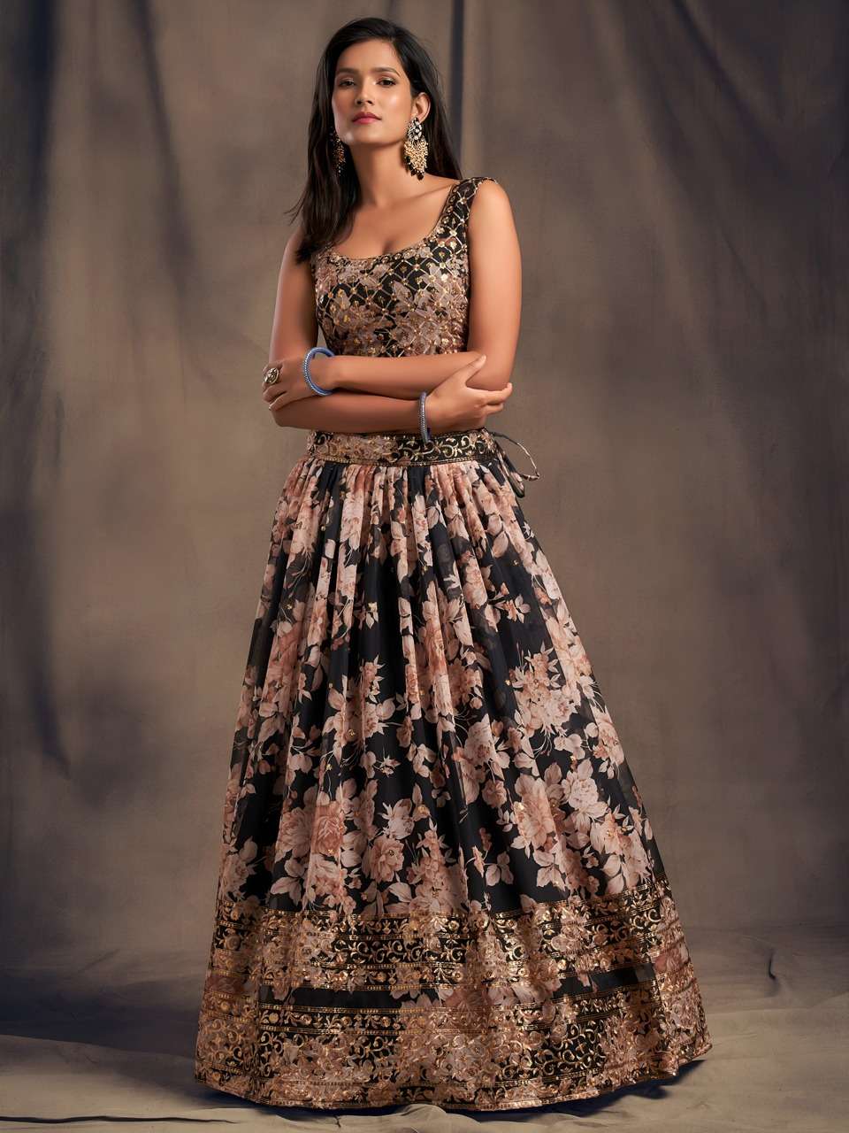 NEW LAUNCH BLACK FLORAL PRINTED DESIGNER LEHENGA CHOLI              