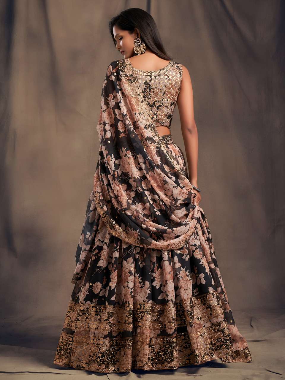 NEW LAUNCH BLACK FLORAL PRINTED DESIGNER LEHENGA CHOLI              