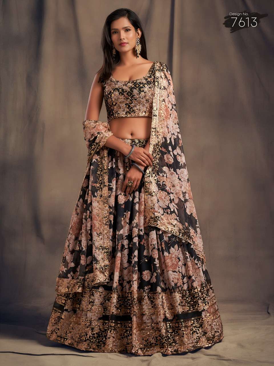 NEW LAUNCH BLACK FLORAL PRINTED DESIGNER LEHENGA CHOLI              
