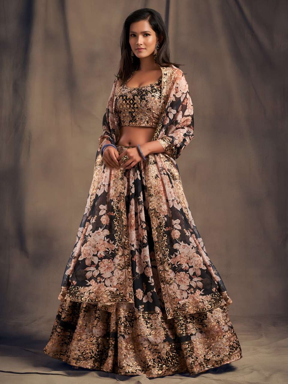NEW LAUNCH BLACK FLORAL PRINTED DESIGNER LEHENGA CHOLI              