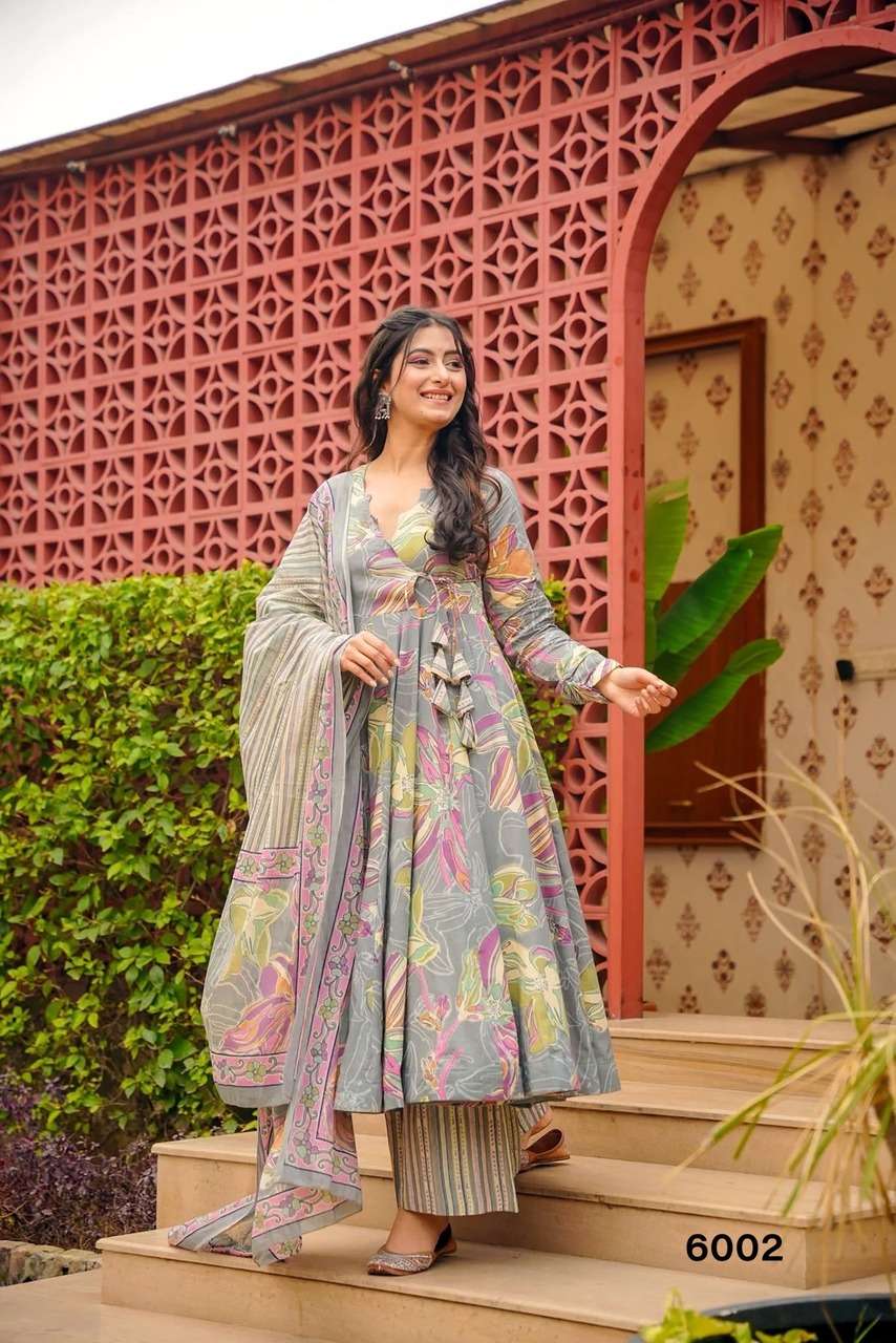 NEW LAUNCHING MASLIN WITH HEAVY DIGITAL PRINT ANARKALI STYLE DRESS COLLECTION VYOMA VOL 6         