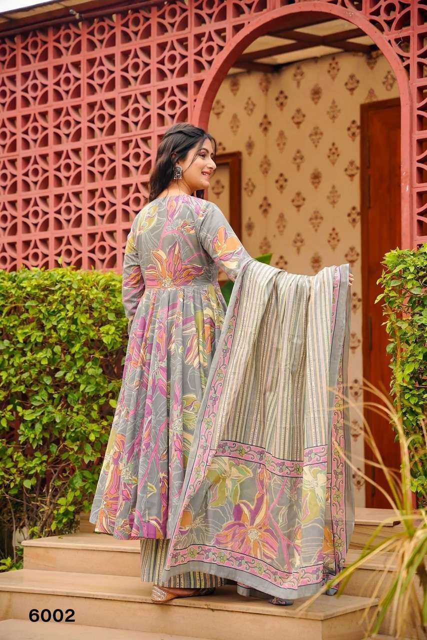 NEW LAUNCHING MASLIN WITH HEAVY DIGITAL PRINT ANARKALI STYLE DRESS COLLECTION VYOMA VOL 6         