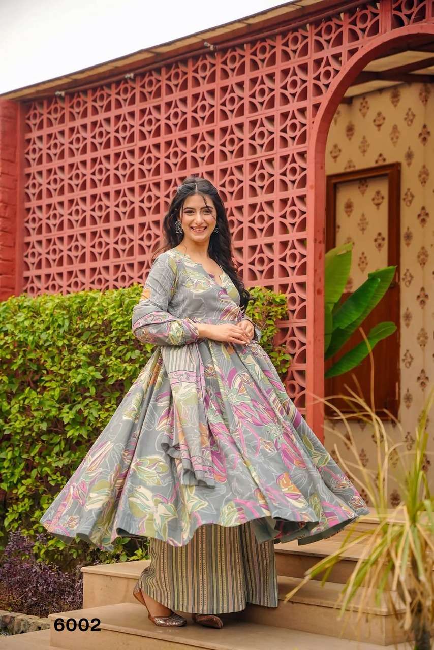 NEW LAUNCHING MASLIN WITH HEAVY DIGITAL PRINT ANARKALI STYLE DRESS COLLECTION VYOMA VOL 6         
