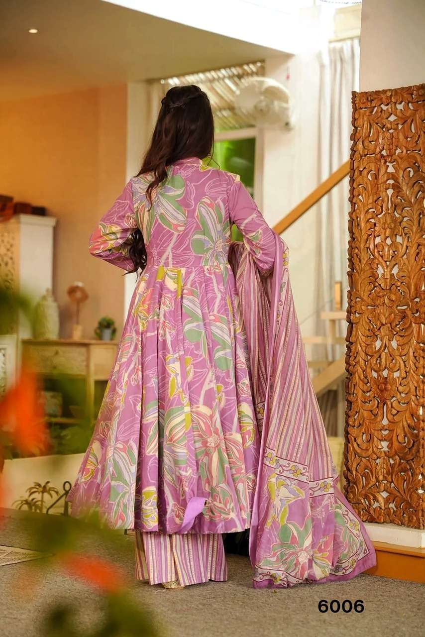 NEW LAUNCHING MASLIN WITH HEAVY DIGITAL PRINT ANARKALI STYLE DRESS COLLECTION VYOMA VOL 6         