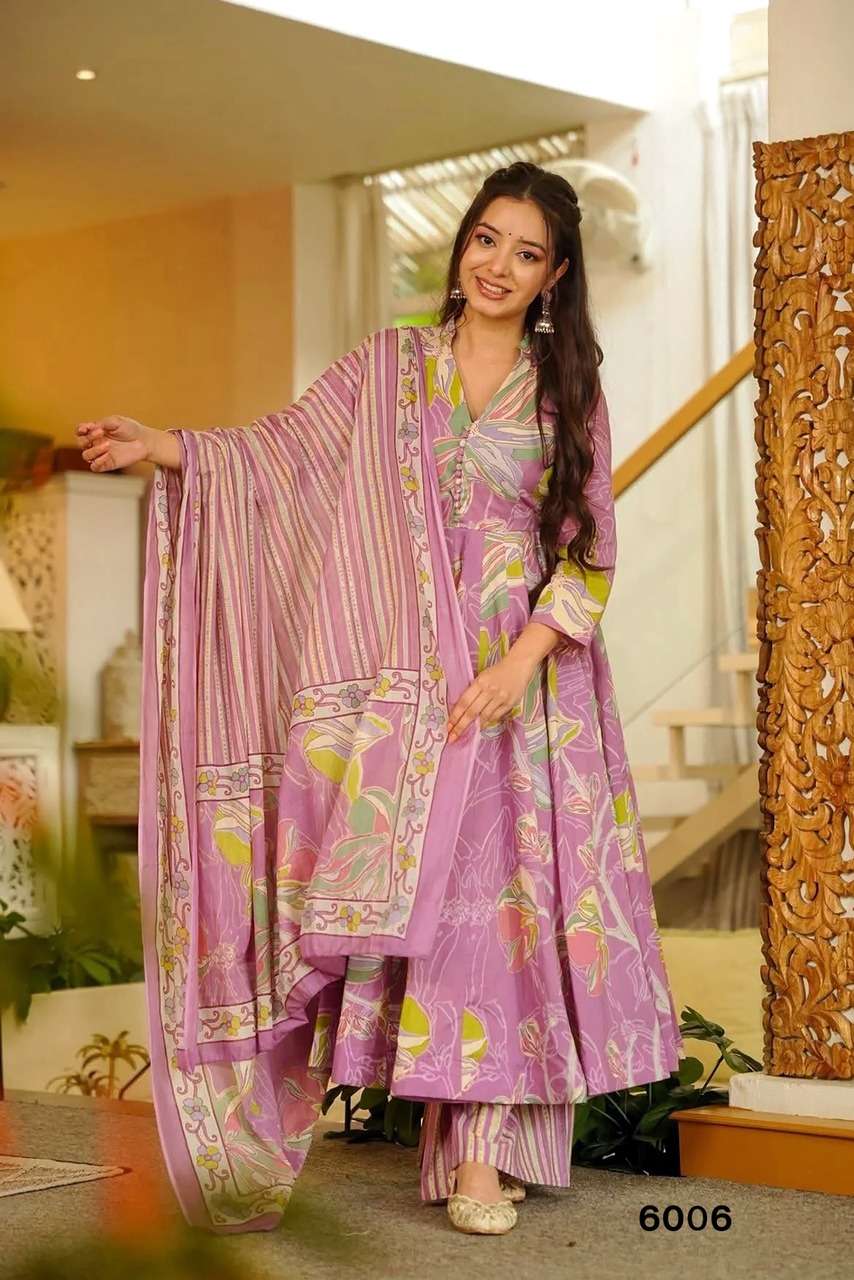 NEW LAUNCHING MASLIN WITH HEAVY DIGITAL PRINT ANARKALI STYLE DRESS COLLECTION VYOMA VOL 6         