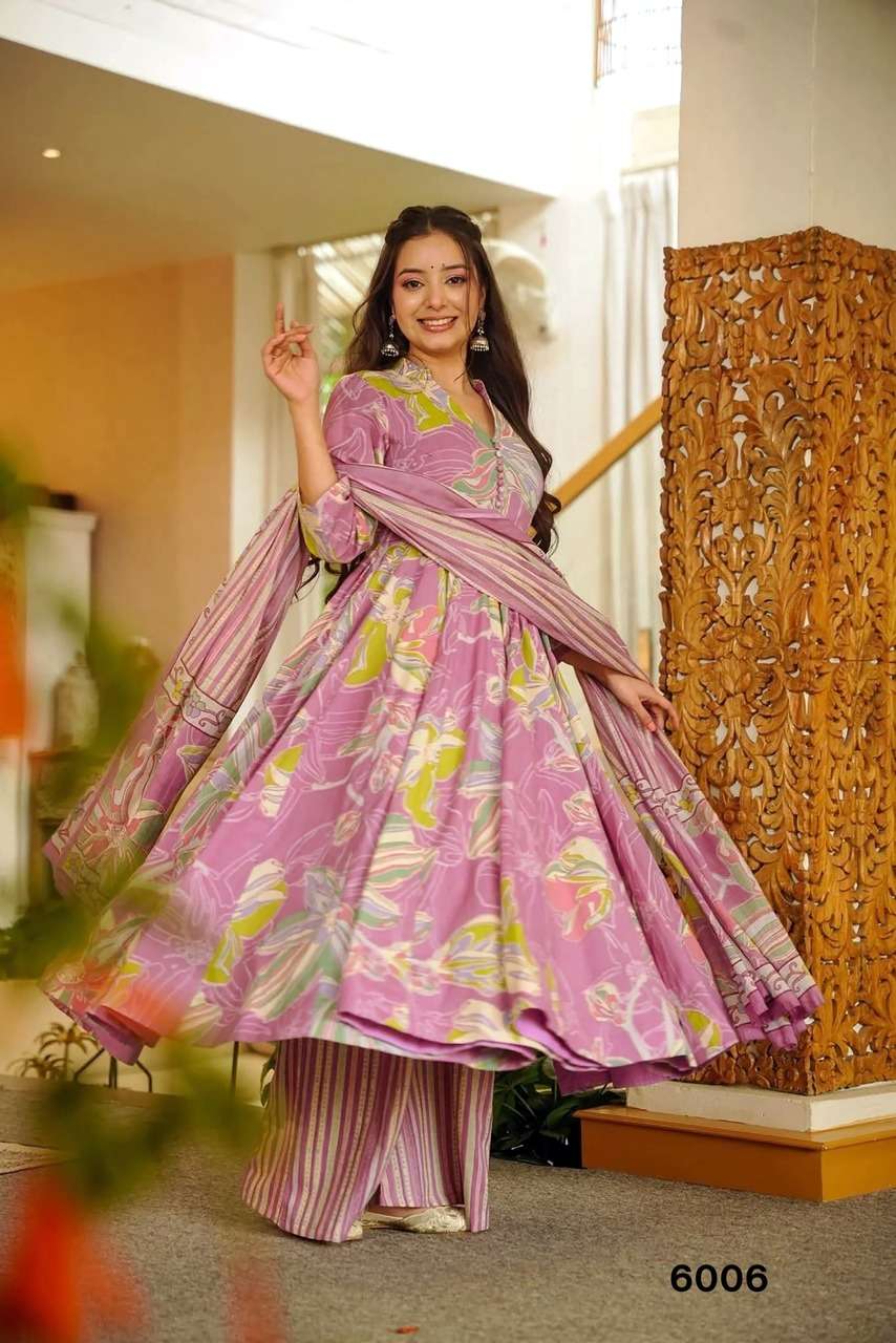 NEW LAUNCHING MASLIN WITH HEAVY DIGITAL PRINT ANARKALI STYLE DRESS COLLECTION VYOMA VOL 6         