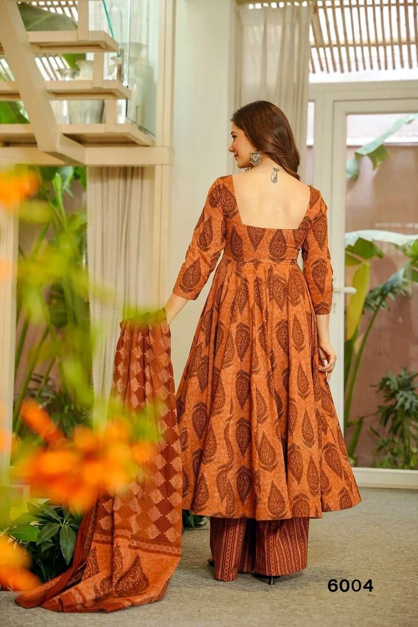 NEW LAUNCHING MASLIN WITH HEAVY DIGITAL PRINT ANARKALI STYLE DRESS COLLECTION VYOMA VOL 6         