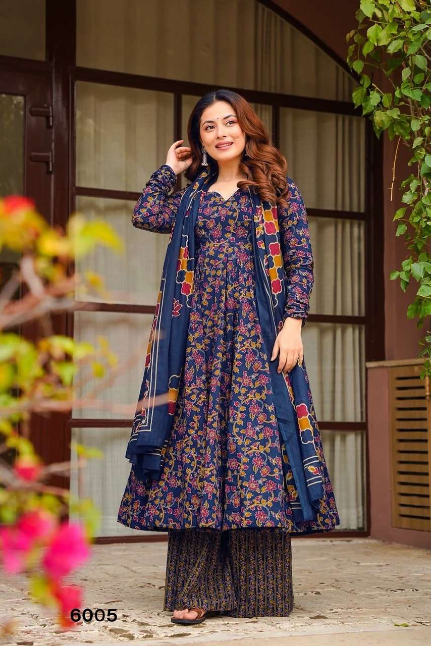 NEW LAUNCHING MASLIN WITH HEAVY DIGITAL PRINT ANARKALI STYLE DRESS COLLECTION VYOMA VOL 6         