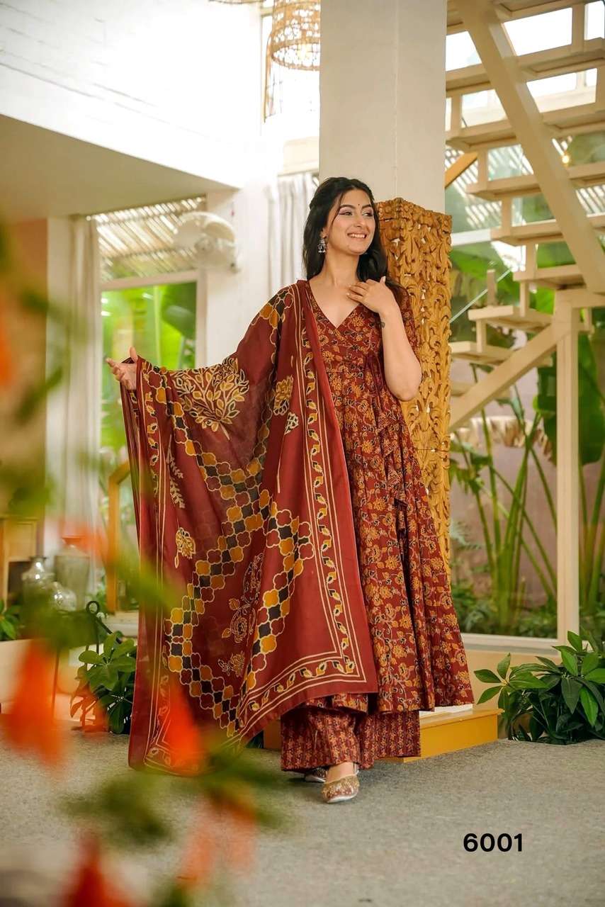 NEW LAUNCHING MASLIN WITH HEAVY DIGITAL PRINT ANARKALI STYLE DRESS COLLECTION VYOMA VOL 6         