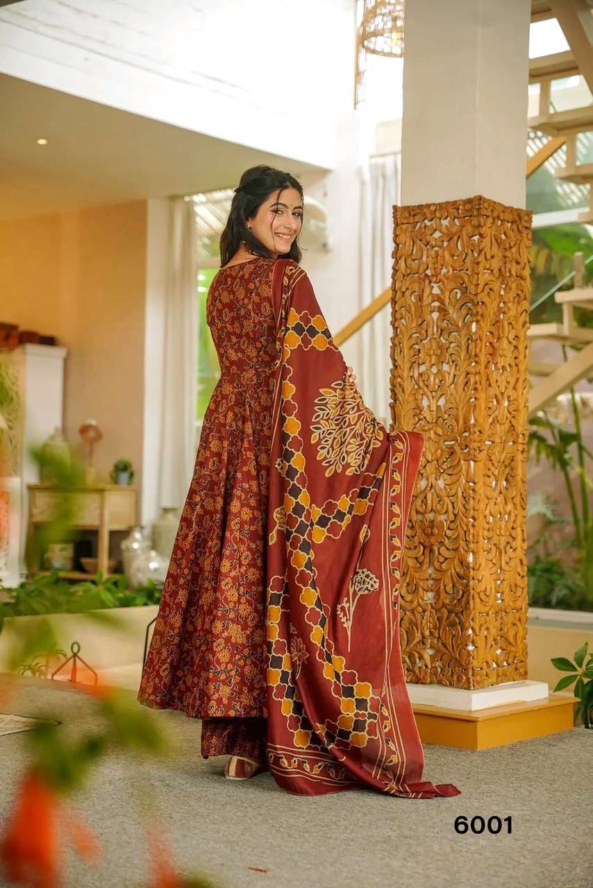 NEW LAUNCHING MASLIN WITH HEAVY DIGITAL PRINT ANARKALI STYLE DRESS COLLECTION VYOMA VOL 6         