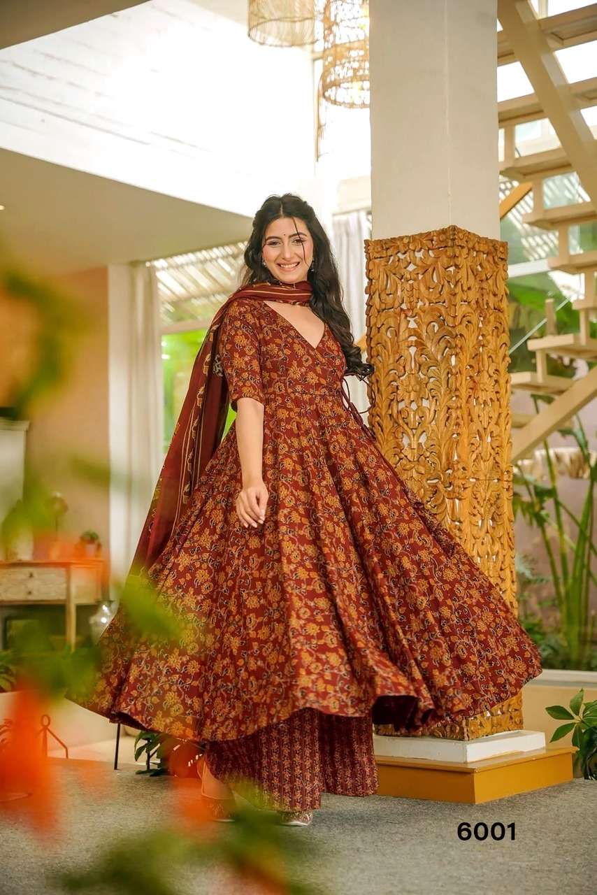 NEW LAUNCHING MASLIN WITH HEAVY DIGITAL PRINT ANARKALI STYLE DRESS COLLECTION VYOMA VOL 6         