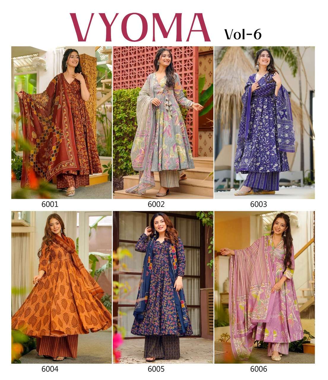 NEW LAUNCHING MASLIN WITH HEAVY DIGITAL PRINT ANARKALI STYLE DRESS COLLECTION VYOMA VOL 6         