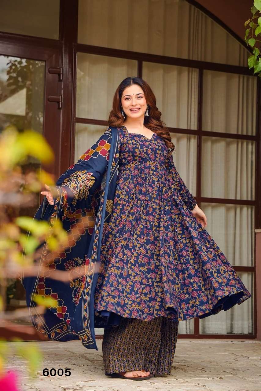 NEW LAUNCHING MASLIN WITH HEAVY DIGITAL PRINT ANARKALI STYLE DRESS COLLECTION VYOMA VOL 6         