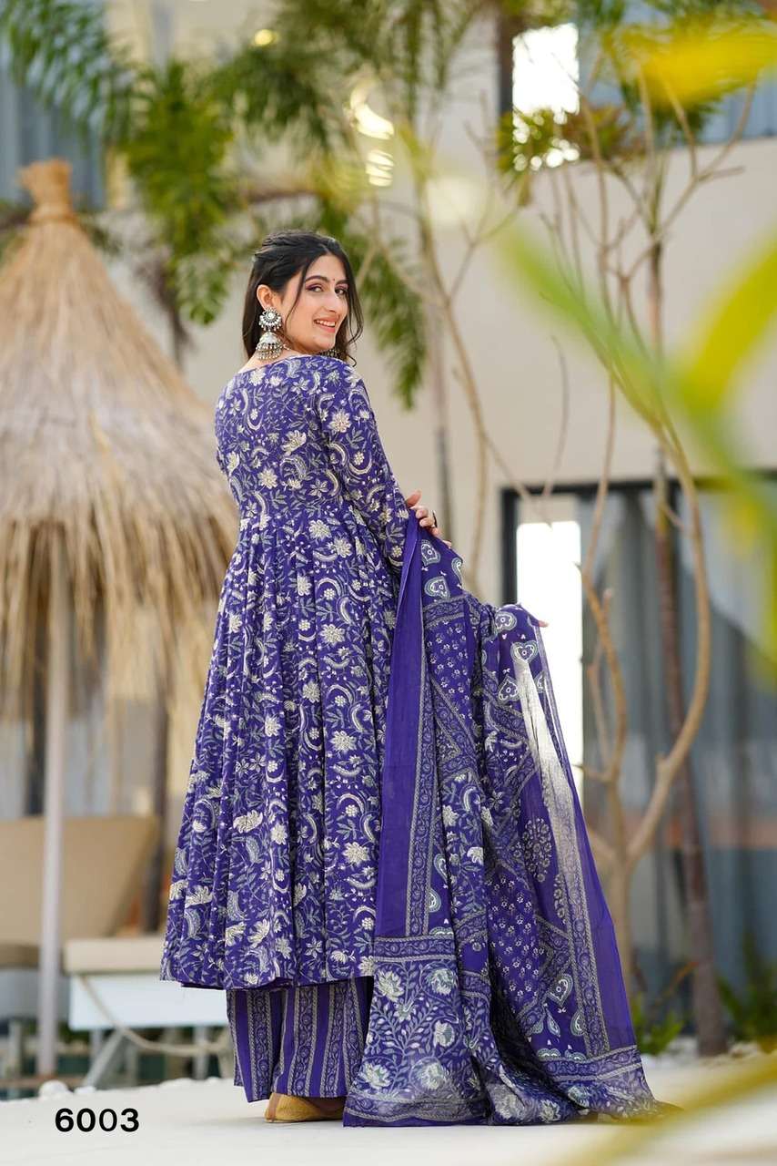 NEW LAUNCHING MASLIN WITH HEAVY DIGITAL PRINT ANARKALI STYLE DRESS COLLECTION VYOMA VOL 6         