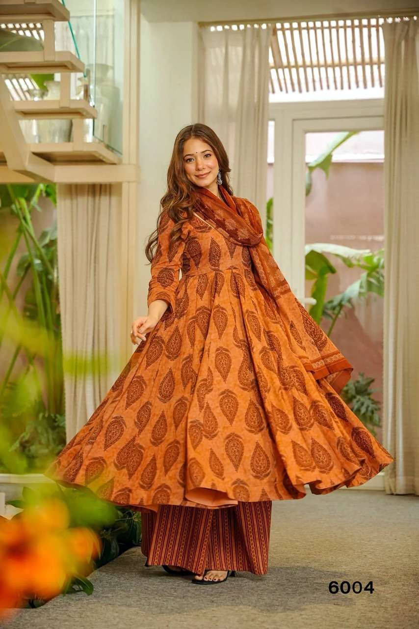 NEW LAUNCHING MASLIN WITH HEAVY DIGITAL PRINT ANARKALI STYLE DRESS COLLECTION VYOMA VOL 6         