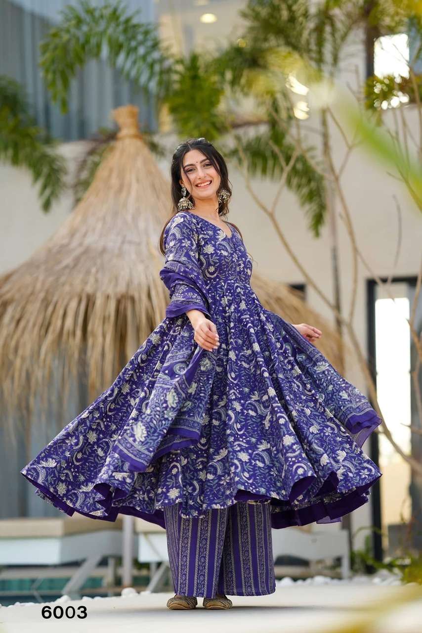 NEW LAUNCHING MASLIN WITH HEAVY DIGITAL PRINT ANARKALI STYLE DRESS COLLECTION VYOMA VOL 6         