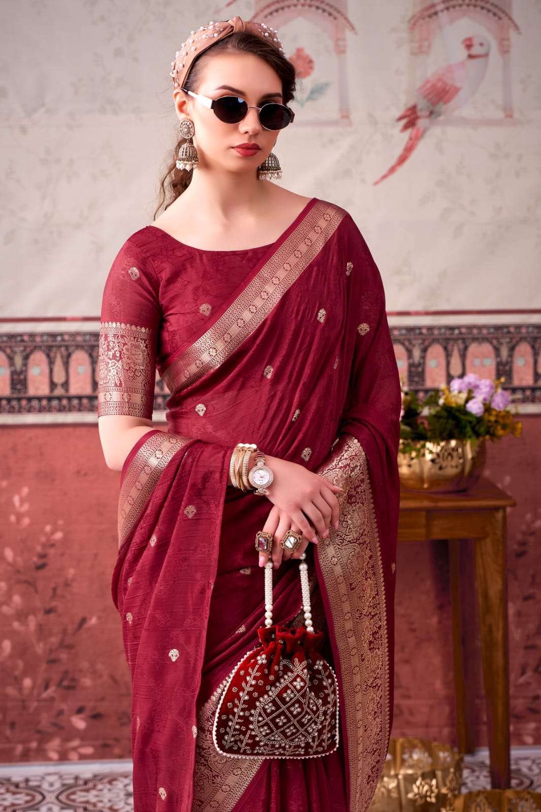 NEW LAUNCHING MOST TREANDING CHINON SAREE SELF PRINTED WITH ZARI WEAVING WORK COLLECTION MRISTA-02