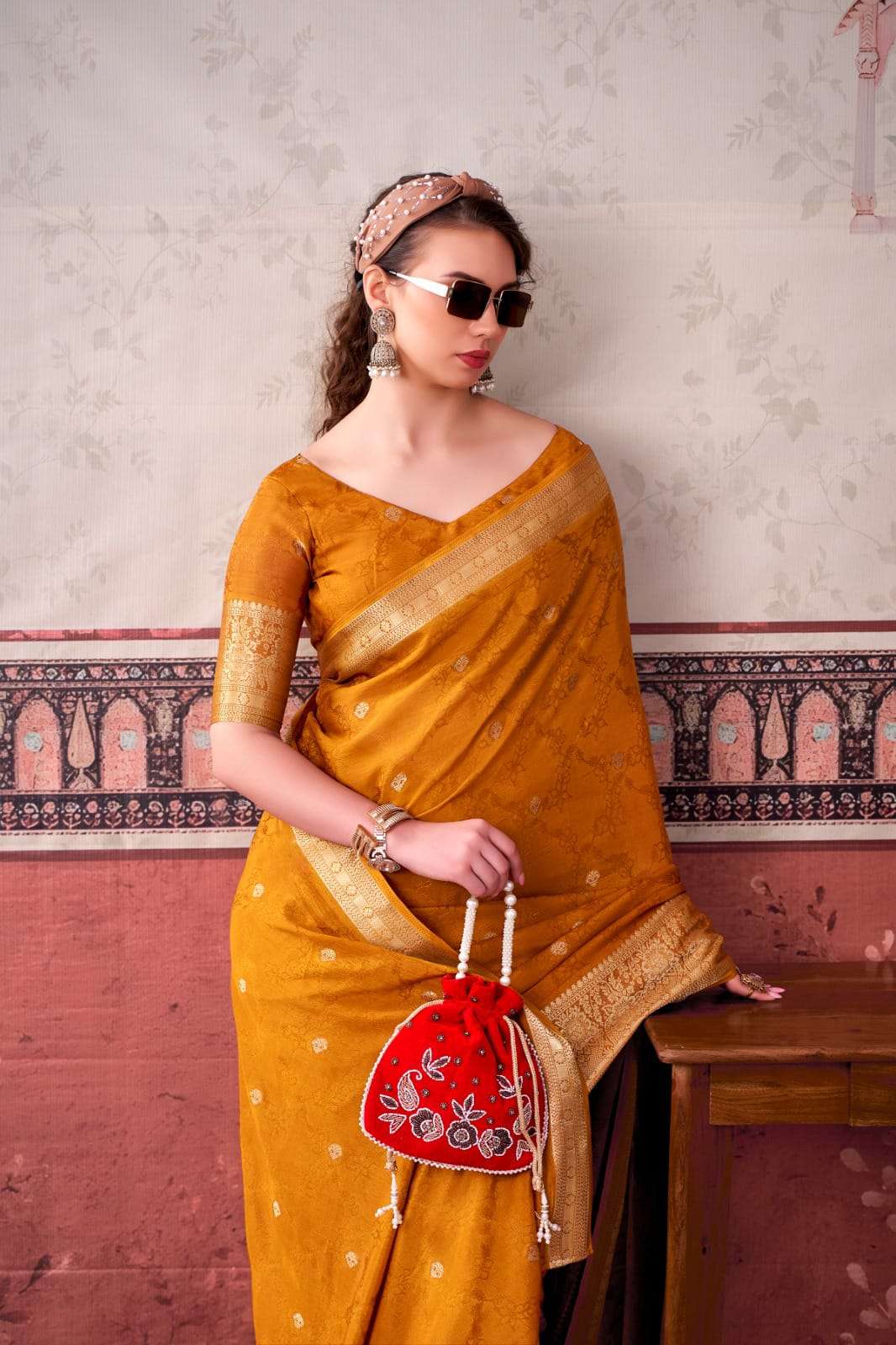 NEW LAUNCHING MOST TREANDING CHINON SAREE SELF PRINTED WITH ZARI WEAVING WORK COLLECTION MRISTA-02