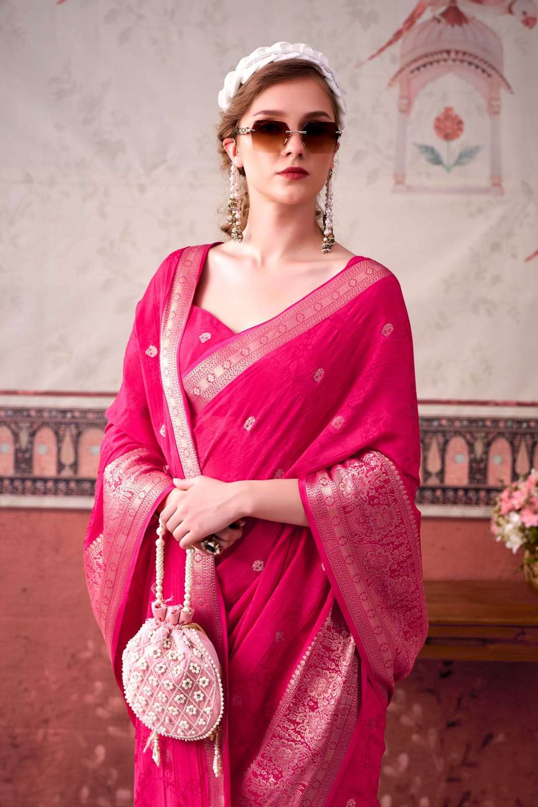 NEW LAUNCHING MOST TREANDING CHINON SAREE SELF PRINTED WITH ZARI WEAVING WORK COLLECTION MRISTA-02