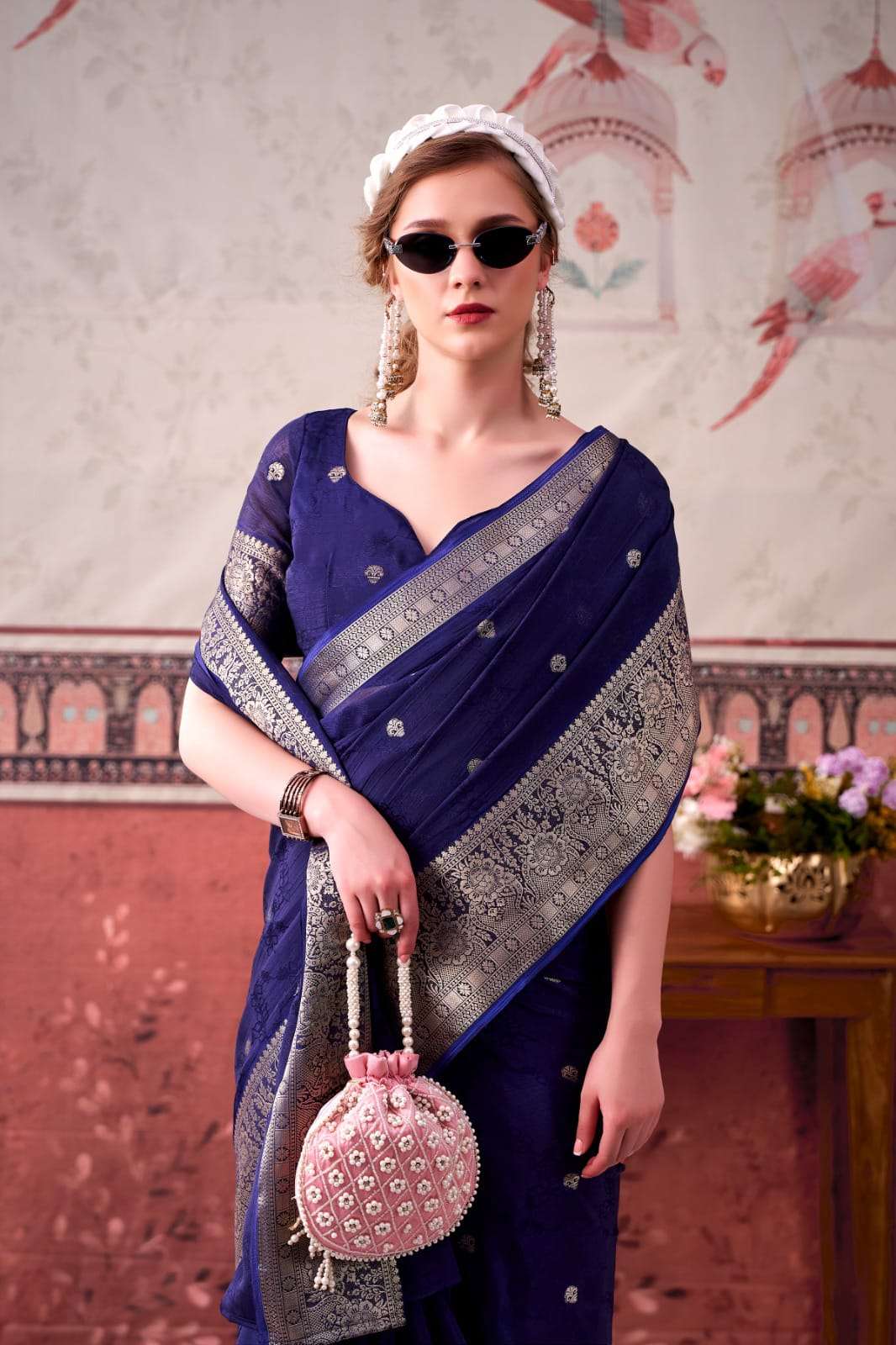 NEW LAUNCHING MOST TREANDING CHINON SAREE SELF PRINTED WITH ZARI WEAVING WORK COLLECTION MRISTA-02
