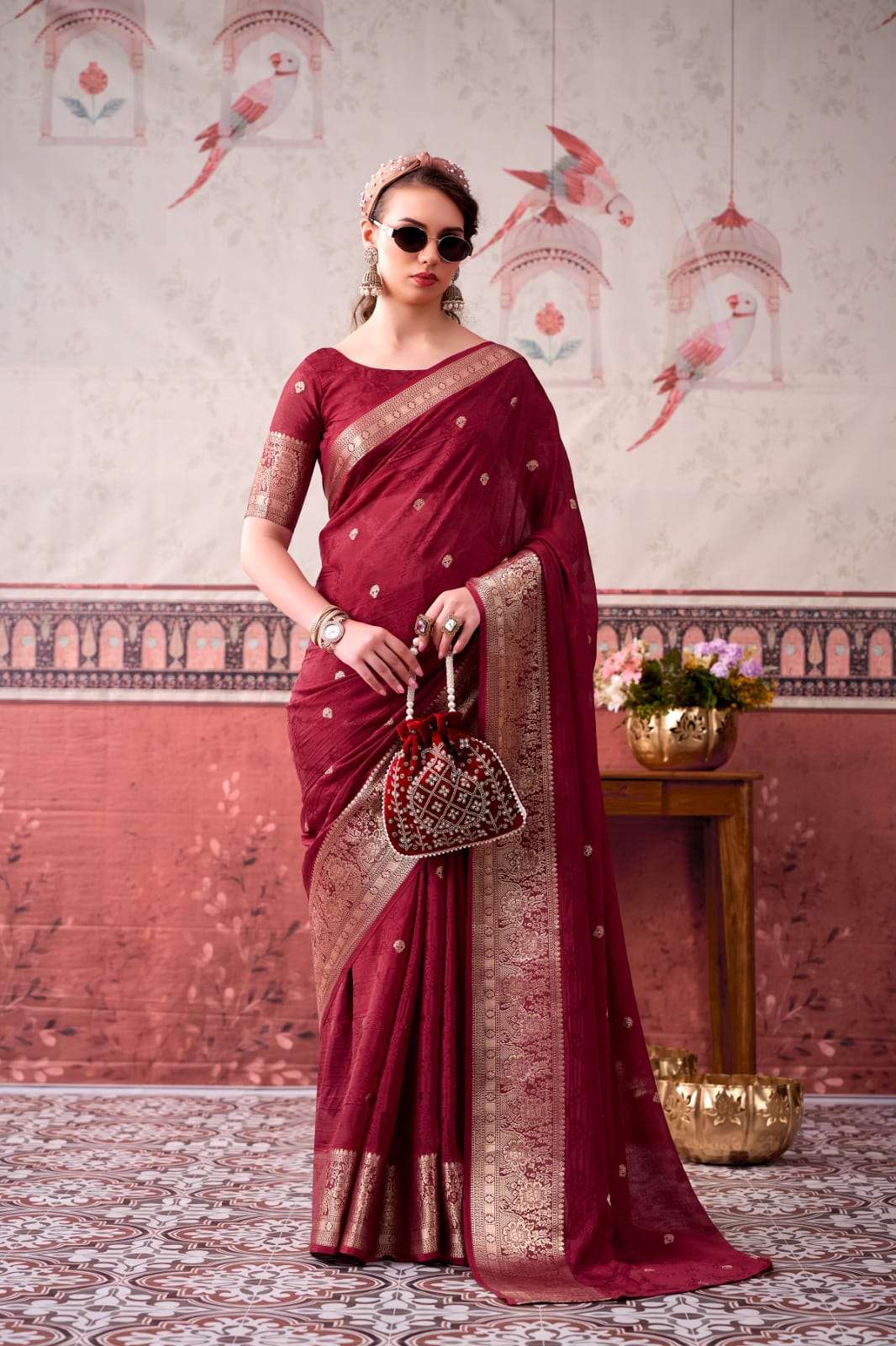 NEW LAUNCHING MOST TREANDING CHINON SAREE SELF PRINTED WITH ZARI WEAVING WORK COLLECTION MRISTA-02