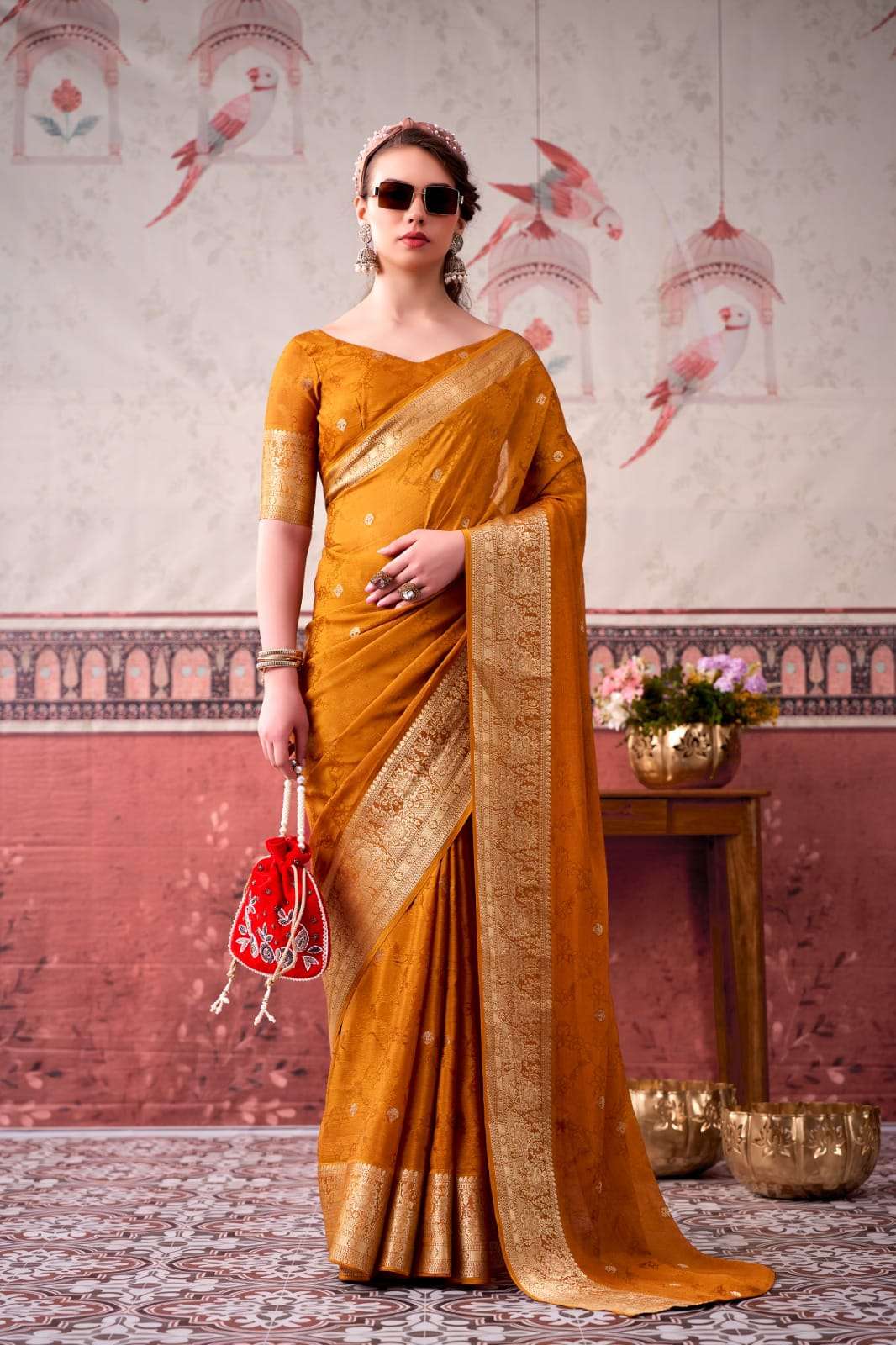 NEW LAUNCHING MOST TREANDING CHINON SAREE SELF PRINTED WITH ZARI WEAVING WORK COLLECTION MRISTA-02