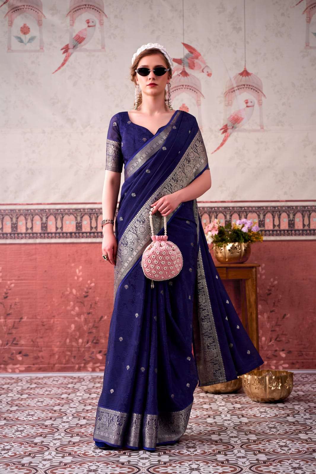 NEW LAUNCHING MOST TREANDING CHINON SAREE SELF PRINTED WITH ZARI WEAVING WORK COLLECTION MRISTA-02