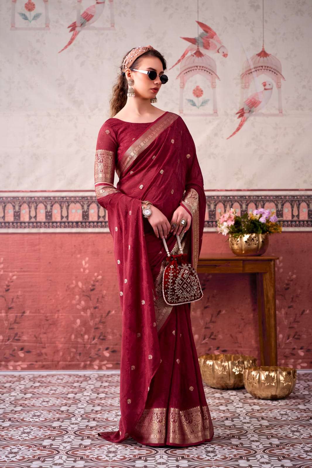 NEW LAUNCHING MOST TREANDING CHINON SAREE SELF PRINTED WITH ZARI WEAVING WORK COLLECTION MRISTA-02