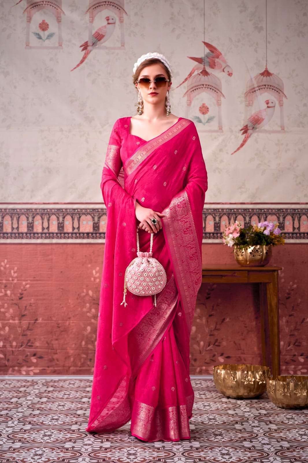 NEW LAUNCHING MOST TREANDING CHINON SAREE SELF PRINTED WITH ZARI WEAVING WORK COLLECTION MRISTA-02