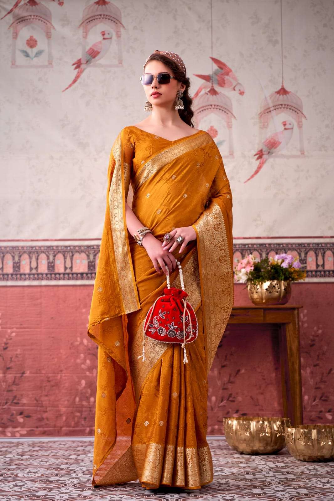 NEW LAUNCHING MOST TREANDING CHINON SAREE SELF PRINTED WITH ZARI WEAVING WORK COLLECTION MRISTA-02