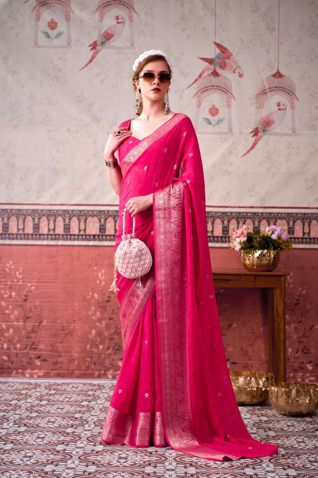 NEW LAUNCHING MOST TREANDING CHINON SAREE SELF PRINTED WITH ZARI WEAVING WORK COLLECTION MRISTA-02