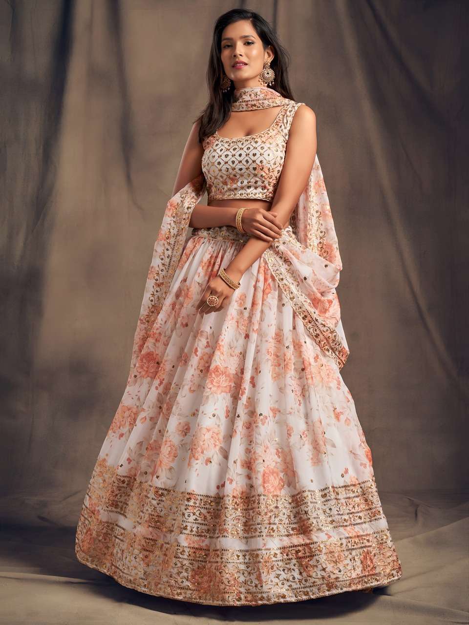 NEW LAUNCHING WHITE AND PEACH FLORAL PRINTED DESIGNER LEHENGA CHOLI        