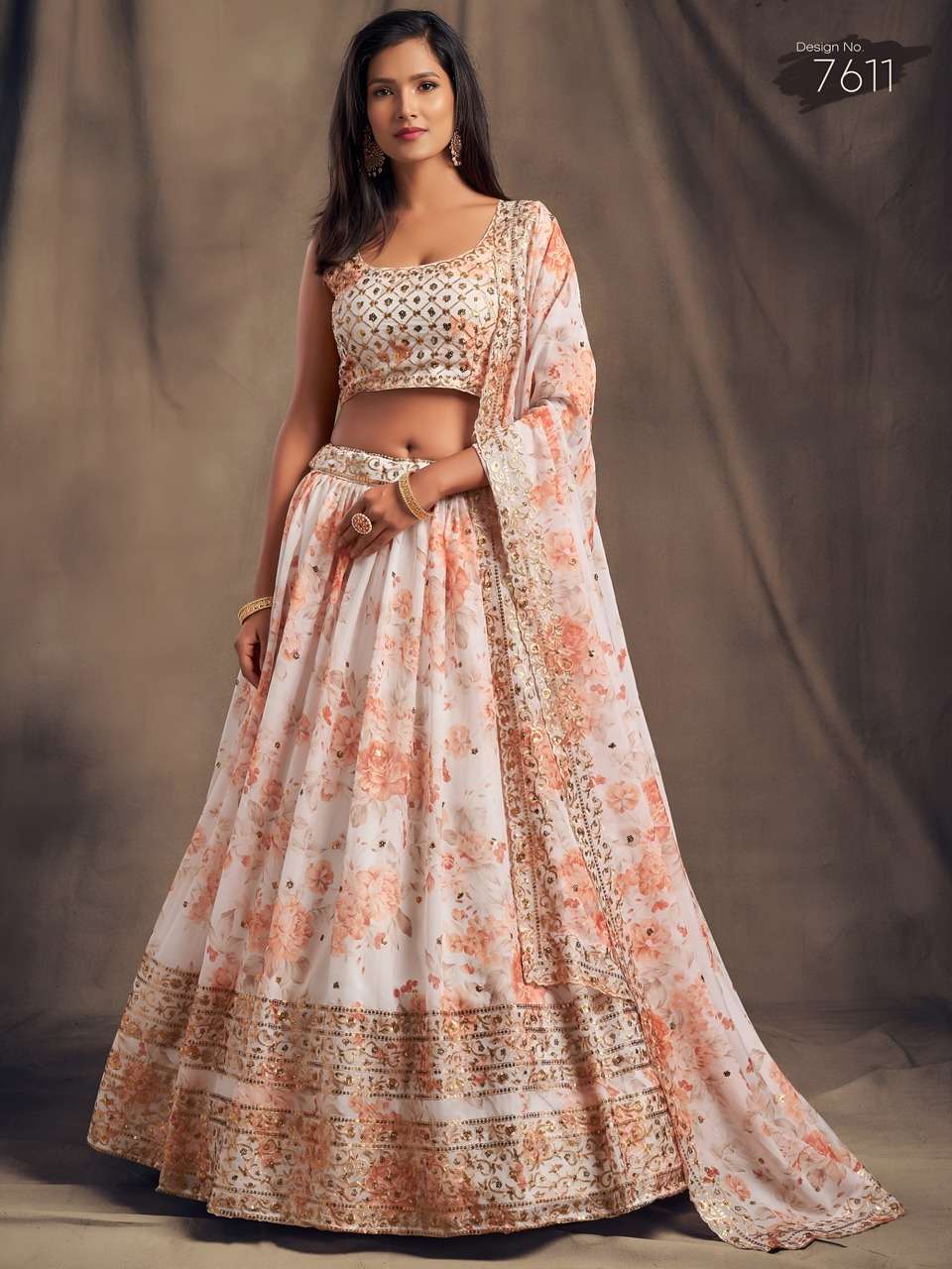 NEW LAUNCHING WHITE AND PEACH FLORAL PRINTED DESIGNER LEHENGA CHOLI        
