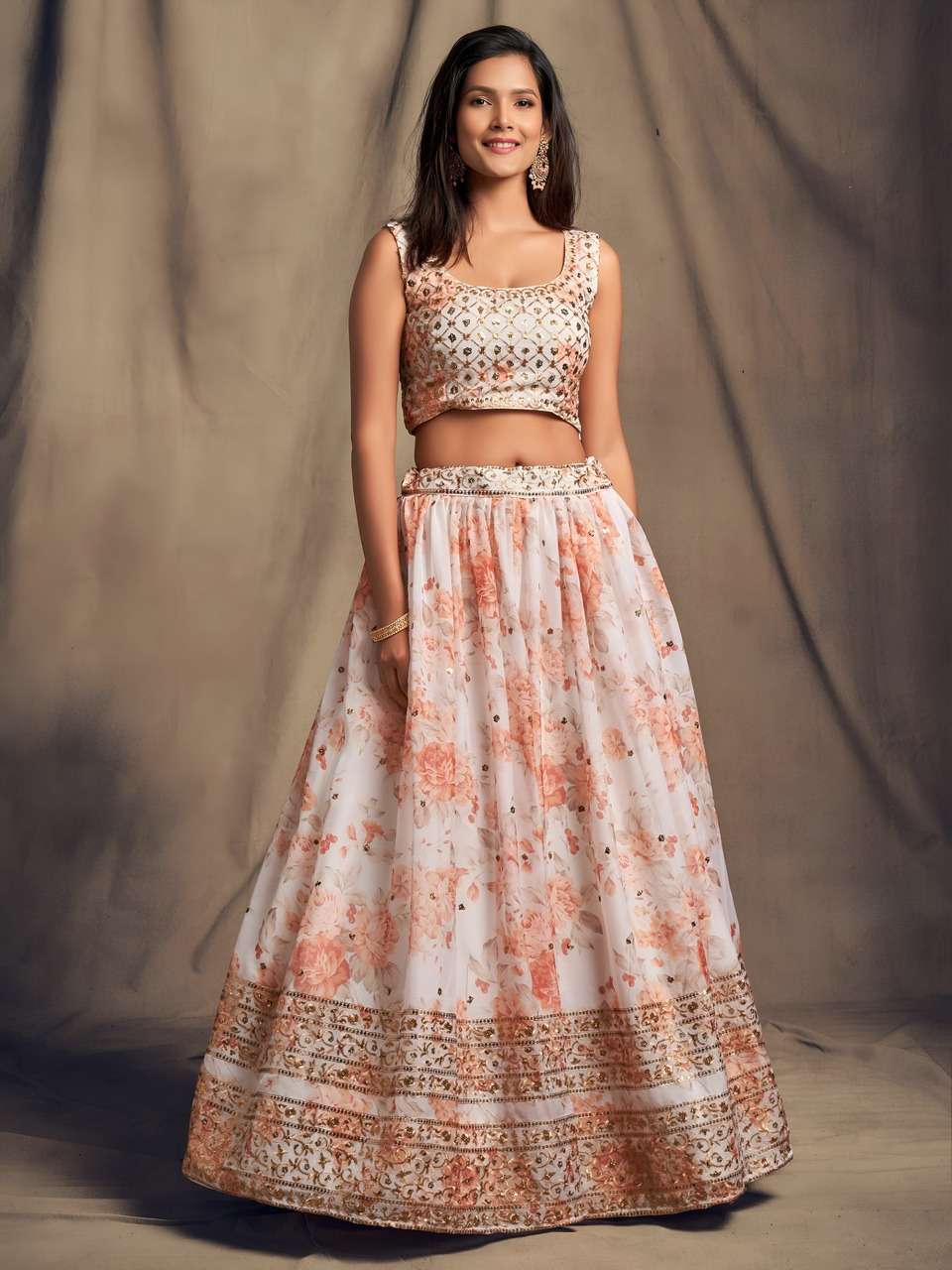 NEW LAUNCHING WHITE AND PEACH FLORAL PRINTED DESIGNER LEHENGA CHOLI        