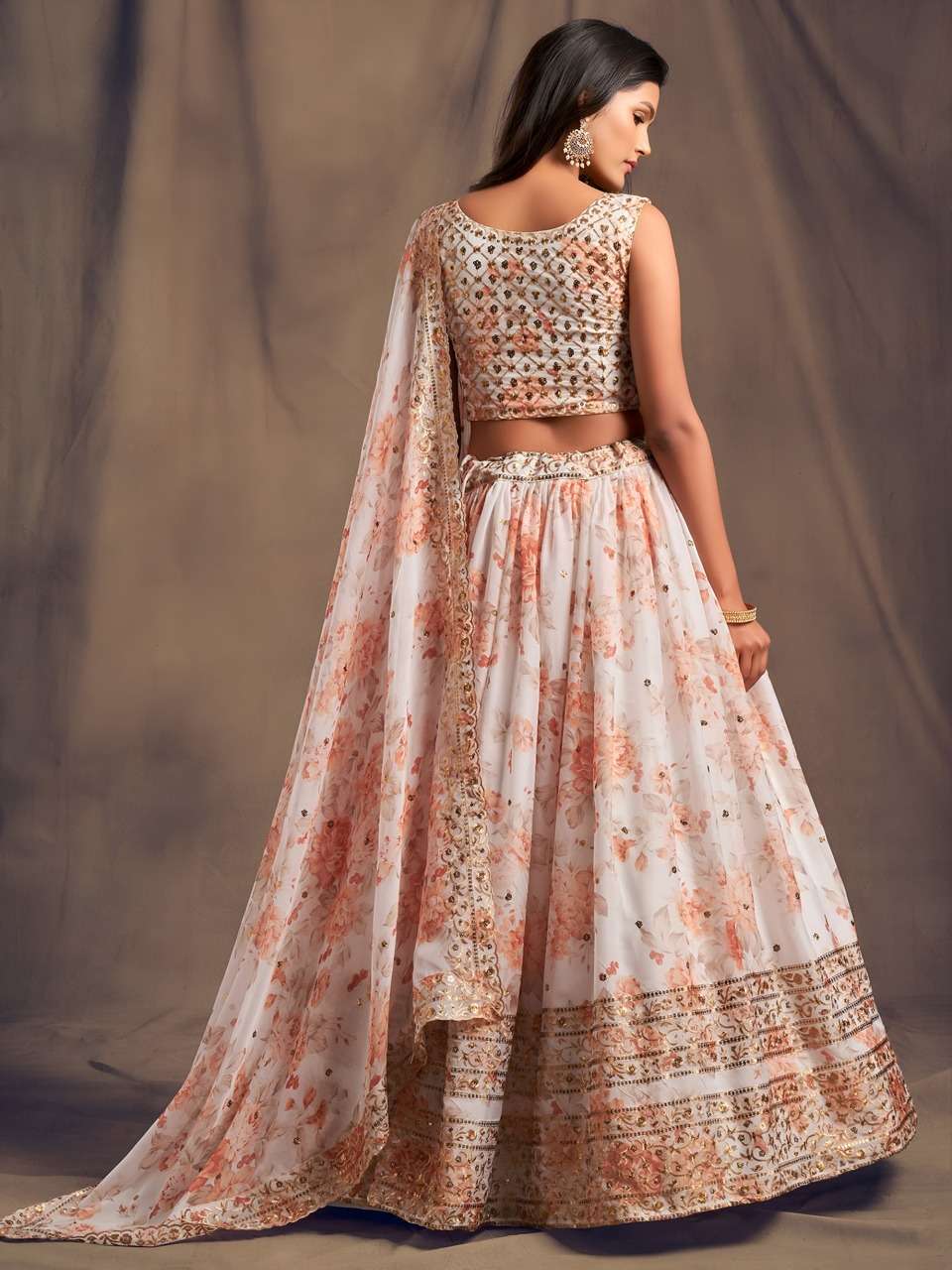 NEW LAUNCHING WHITE AND PEACH FLORAL PRINTED DESIGNER LEHENGA CHOLI        