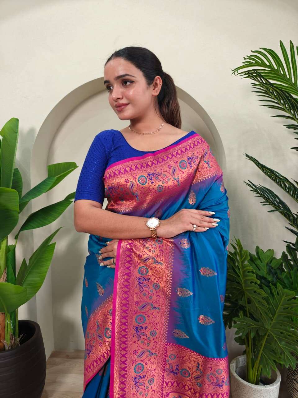 PAITHANI SILK SAREE WITH UNIQUE PEACOCK MOTIFS AND MEENAKARI WORK IN BORDER AND BANARASI MOTIFS