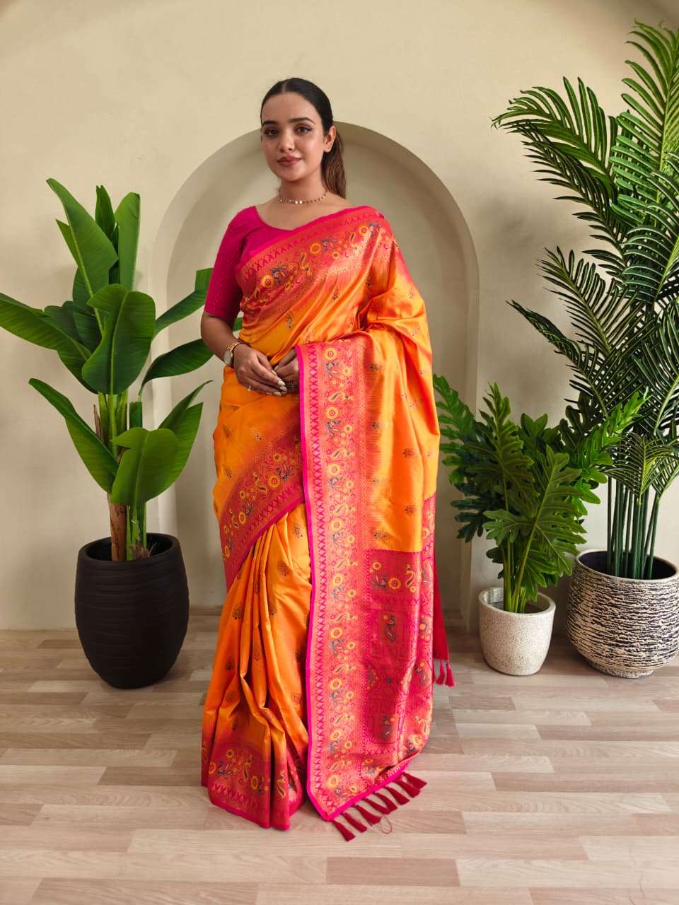 PAITHANI SILK SAREE WITH UNIQUE PEACOCK MOTIFS AND MEENAKARI WORK IN BORDER AND BANARASI MOTIFS