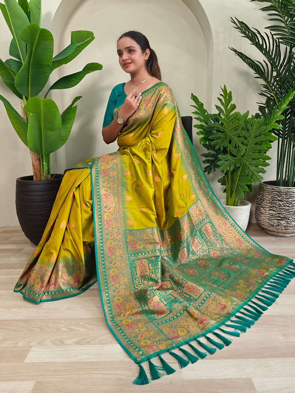 PAITHANI SILK SAREE WITH UNIQUE PEACOCK MOTIFS AND MEENAKARI WORK IN BORDER AND BANARASI MOTIFS