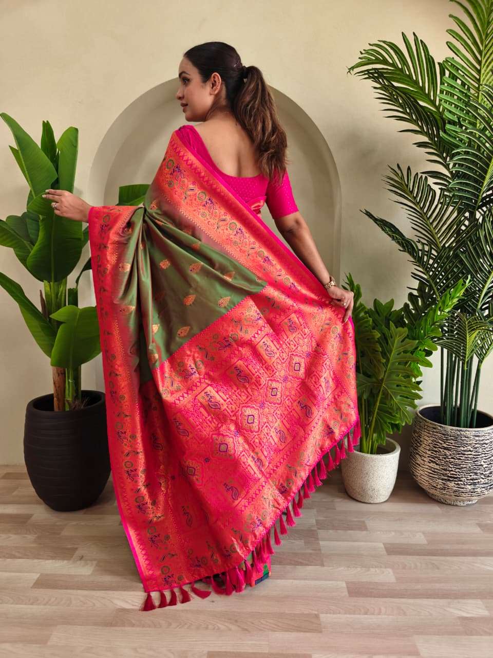 PAITHANI SILK SAREE WITH UNIQUE PEACOCK MOTIFS AND MEENAKARI WORK IN BORDER AND BANARASI MOTIFS